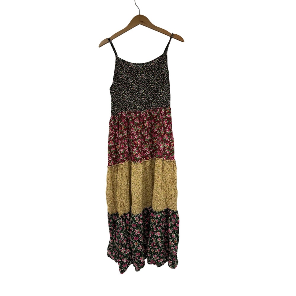Natural Life Floral Tiered Maxi Dress L/XL Patchwork Boho Rayon Spaghetti Strap
